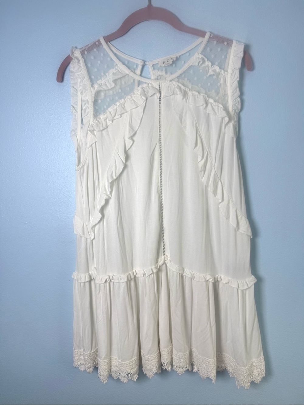 POL Cream Ruffle Dot Yoke Tunic top or mini dress